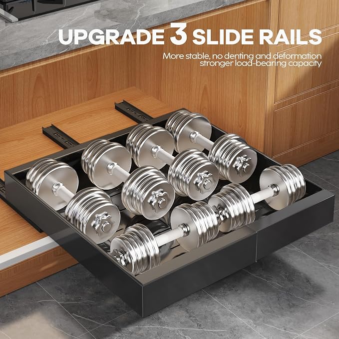 Seinloes 2 Pack Expandable Pull Out Cabinet Organizer 16.5"Deep With Raising Pad for Framed Cabinets,Upgrade 3 Slide Rails Slide Out Drawers,No Drill Roll Out Shelves,Adjustable Width 12.2"-20.4"Black - Image 5