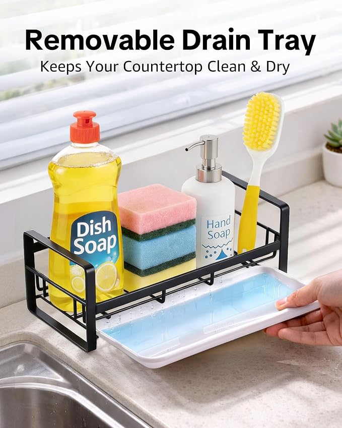 HULISEN Large Kitchen Sponge Holder, 304 Stainless Steel Sink Caddy, Black | Removable Drain Tray, Holds Sponges Soap Bottles Brushes, Countertop Storage, No Dispenser or Brush - Image 4