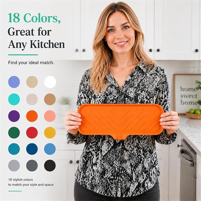 MicoYang Silicone Soap Dish with Drain Spout — Self-Draining Double Sink Organizer Tray for Kitchen & Bathroom, Dispensers, Sponges & Soap Holder, Non-Slip & Dishwasher Safe, Orange (Large, 12"×4") - Image 9