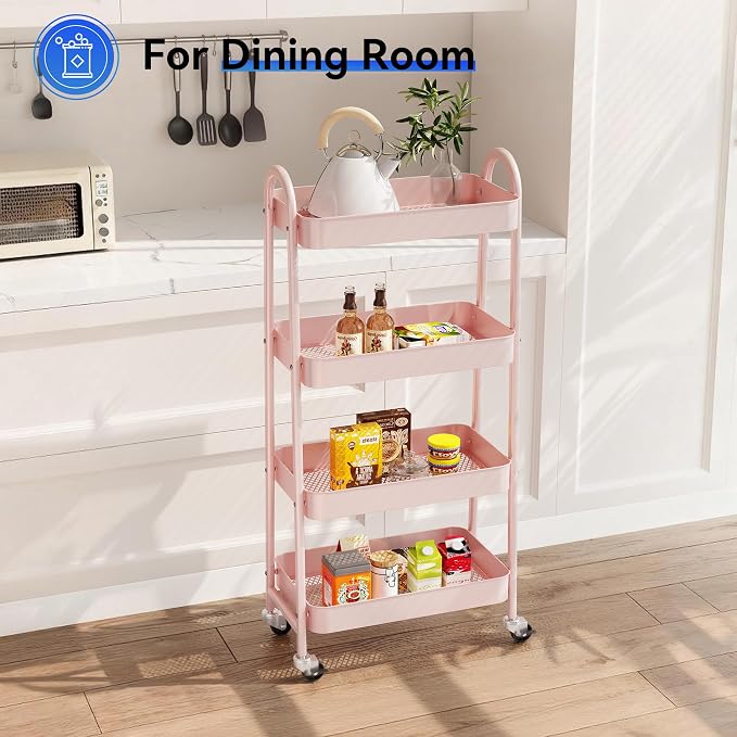 NEWBULIG 4-Tier Metal Rolling Storage Utility Cart with Lockable Wheels | Mobile Organizer Shelf, Space-Saving, Freestanding, Bathroom, Living Room, Slim, Narrow Corner Spaces, Pink - Image 6