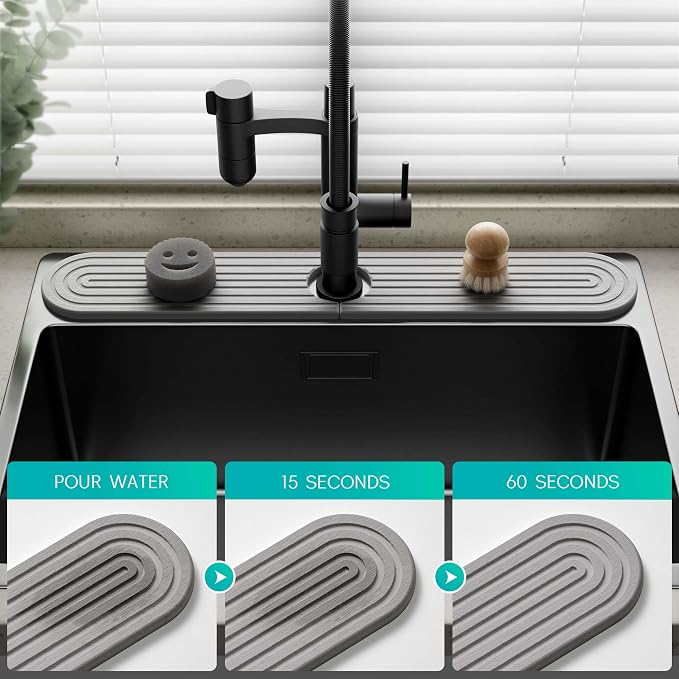 Stone Faucet Mat for Kitchen Sink – Diatomite Fast-Drying Stone Tray, Faucet Mat Sink Splash Guard, Decorative Sink Protector for Kitchen Bathroom Counter (Grey, 30''x3.9'') - Image 3