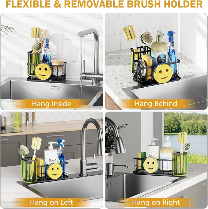 Epicano Sink Caddy Sponge Holder, Smiley Face Sponge Rack with High Brush Holder,Rustproof Kitchen Countertop Organizer,Kitchen Gadgets Sink Accessories, Black - Image 4