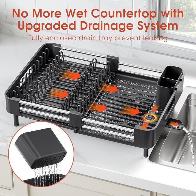 TOOLF Expandable Dish Drying Rack with Cutlery Holder, Standard, Black | Stainless Steel &PP, Extenable 12.6"-18.7"D, Anti-Rust, Auto-Drainage, Space-Saving, Fit for RV, Apartment Sink Countertop - Image 7
