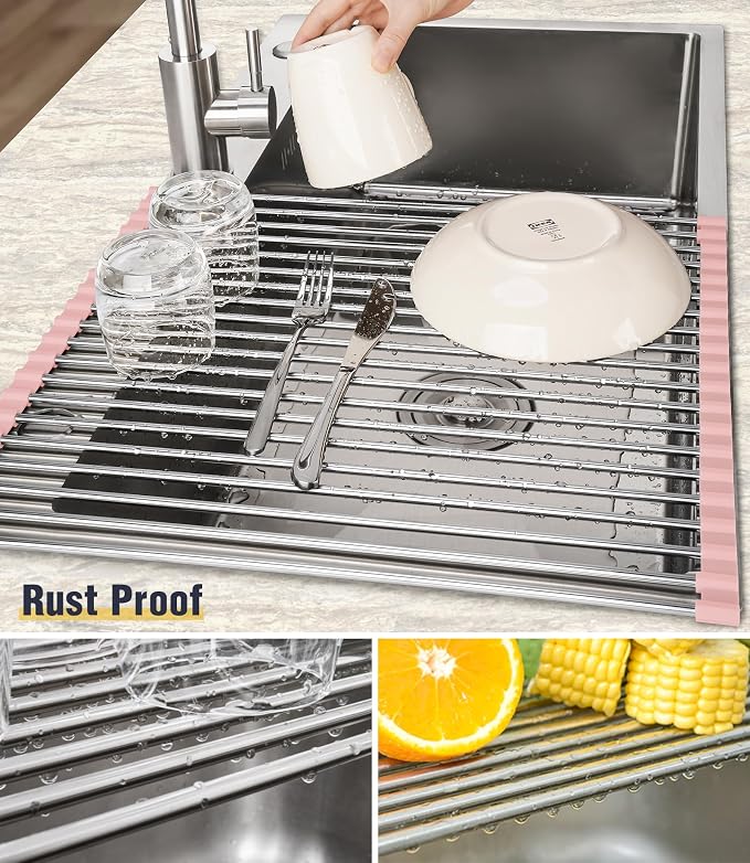 Tomorotec Roll Up Dish Drying Rack Over Sink, 304 Steel, 21x15.5, Pink | Anti-Slip Silicone Rims For Grip, Heat-Resistant Trivet Mat Holding Heavy Cookware, Rustproof Kitchen Counter Space Saver - Image 2