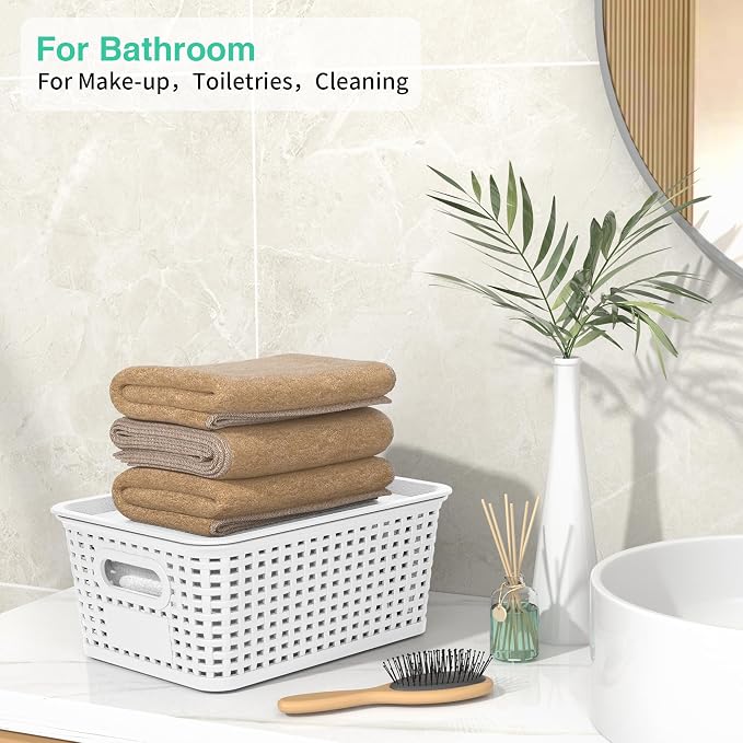8 Pack Plastic Storage Baskets,White Stackable Bins with Lid | 5.3qt Storage Containers with Labels for Organizing Shelves Drawers Desktop Closet Playroom Classroom Office - Image 6