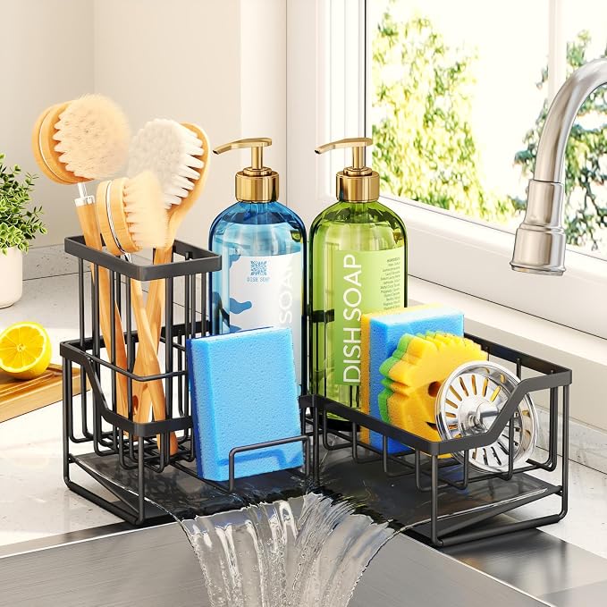 HapiRm Sponge Holder for Kitchen Sink - Rustproof L-Shaped Sink Caddy | Stainless Steel Kitchen Organizer for Corner, Self-Draining 3-in-1 Dish Brush and Sponge Storage, Space-Saving - Black(Large) by HapiRm