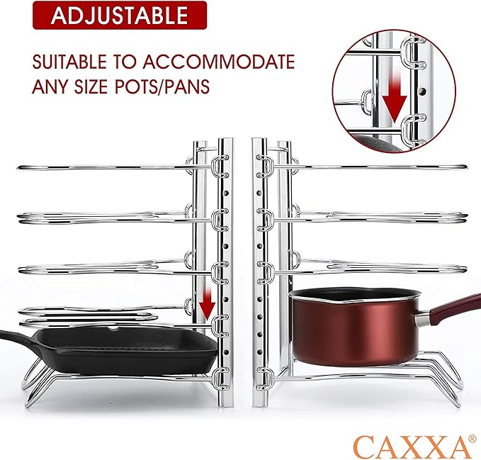 Heavy Duty Pan Rack, Pot Lid Rack, Kitchen Cabinet Pantry Cookware Organizer Rack Holder with 5 Adjustable Dividers, Chrome (Pack of 2) - Image 4