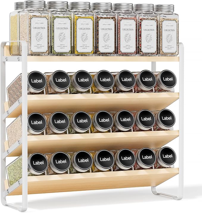 MUDEELA 4 Tier Spice Rack Organizer for Cabinet, (No Jars Included), White | Wooden Vertical Spice Shelf, Seasoning Organizer for Countertop, Kitchen, Pantry, Freestanding, 13.4" W × 11.2" H by MUDEELA