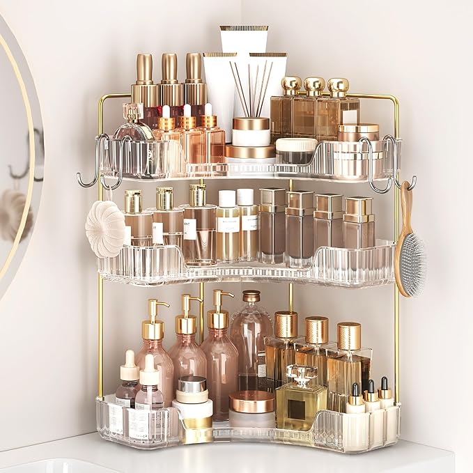 Corner Bathroom Counter Organizer 3-Tier Bathroom Organizer | Storage Countertop with Hooks Perfume Organizers Storage Shelf for Makeup & Skincare Dresser-Clear by Kinkota