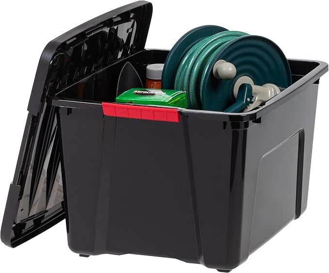 IRIS USA 6-Pack 40 Quart Storage Bins with Lids, Black | Black finish conceals stored items. Perfect for moving, blankets, clothing, and garage storage. Nestable design saves space - Image 4