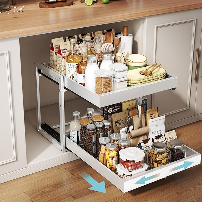 2-Tier Expandable Pull Out Cabinet Organizer, Cabinet Drawers, 21"D | Cabinet Pull Out shelves, Adjustable Pantry Drawers, Slide Out Drawers for Kitchen Cabinets, Under Sink Organizer,Large White by Golener