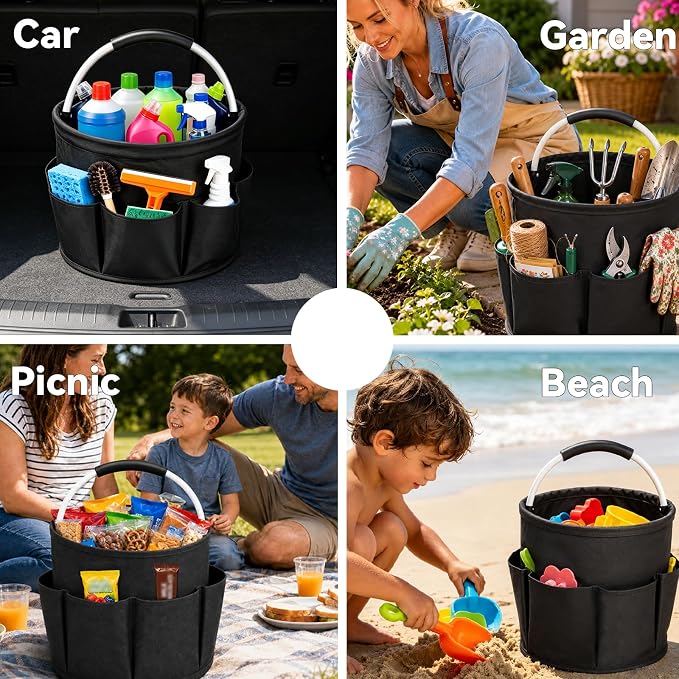 UFORU Cleaning Caddy with Handle, 17L Foldable Organizer with 6 Pockets | 600D Oxford Fabric, Durable, Waterproof, Large Capacity, Space-Saving Foldable, Multi Cleaning Bucket Bag for Home, Garden - Image 6