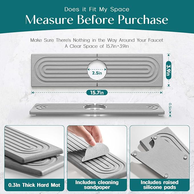Kitchen Sink Faucet Mat - 15.7in Diatomite Sink Protectors for Kitchen Sink, Stone Sink Splash Guard for Kitchen Counter Sink Accessories (Grey, 15.7'' x 3.9'') - Image 5