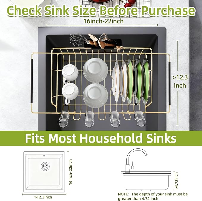 Dish Drying Rack-Large Stainless Steel Dish Drainer Over The Sink for Kitchen Countertop with Utensil Holder and Silicone Drying Mat(Gold, in Sink, 24.2'*13.2') - Image 3