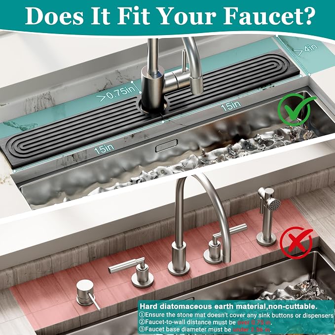 Stone Faucet Mat for Kitchen Sink - Quick Dry Diatomite Sink Splash Guard, Prevents Moisture Buildup & Water Stains, Water Absorbing Stone Tray for Bathroom Countertop (Dark Gray, 30" x 4") - Image 2