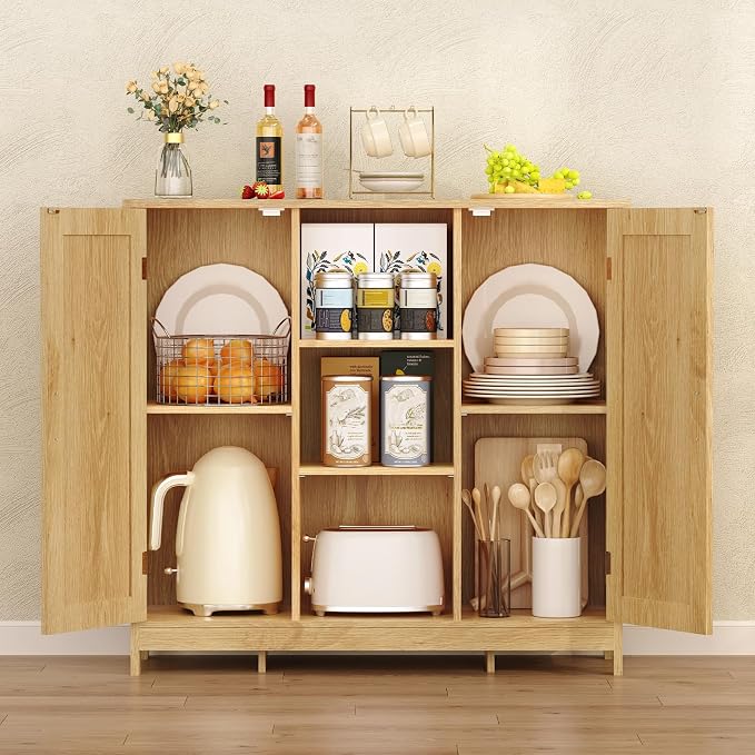 Iwell Rattan Storage Cabinet with 4 Adjustable Shelves, Coffee Bar Cabinet, Sideboard Buffet for Kitchen, Living Room, Entryway, Natural - Image 8