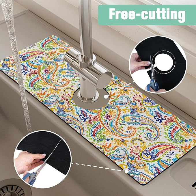 Kitchen Sink Splash Guard Faucet Mat 24" X 5.5" Paisley Absorbent Fast Drying Mat Faucet Draining Mat Sink Splash Guard Behind Faucet Drip Catcher for Kitchen Bathroom - Image 5