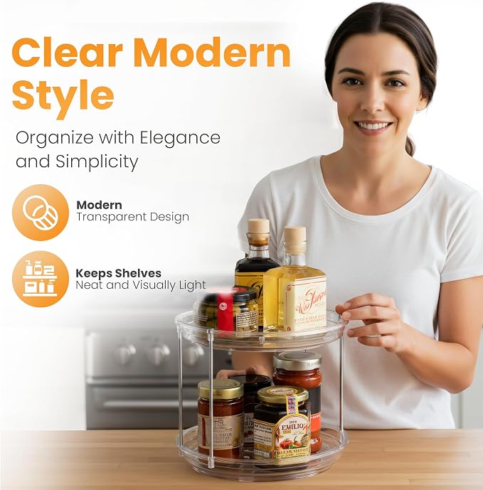 Oizeir 2 Tier Lazy Susan Organizer for Cabinet, Clear Acrylic Rotating Spice Rack Turntable for Kitchen, Pantry, Countertop, Bathroom, Vanity – Double Tier Storage Carousel with Metal Supports - Image 6