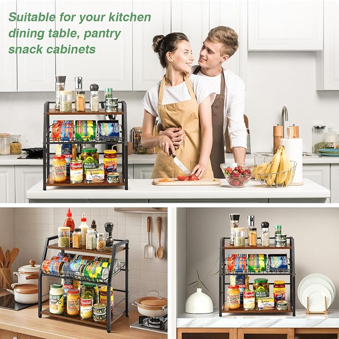 Kitchen Countertop Organizer, Snack Organizer Candy Display Stand Coffee Station Organizer, 3 Tier Wooden Counter Storage for Soda Cans Condiment Tea, for Pantry Office Bathroom, Black - Image 8