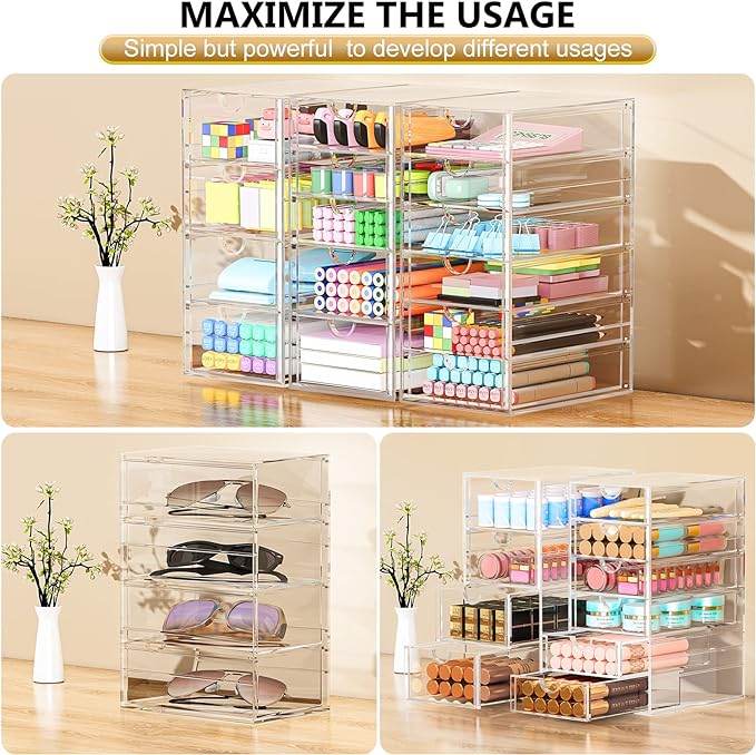 YFXCVSL 3-Pack Acrylic 15-Drawer Storage & Makeup Organizer for Desk | Smooth-glide drawers, clear acrylic, dustproof, waterproof, wipe-clean, for nail polish, essential oils, hair clips - Image 4
