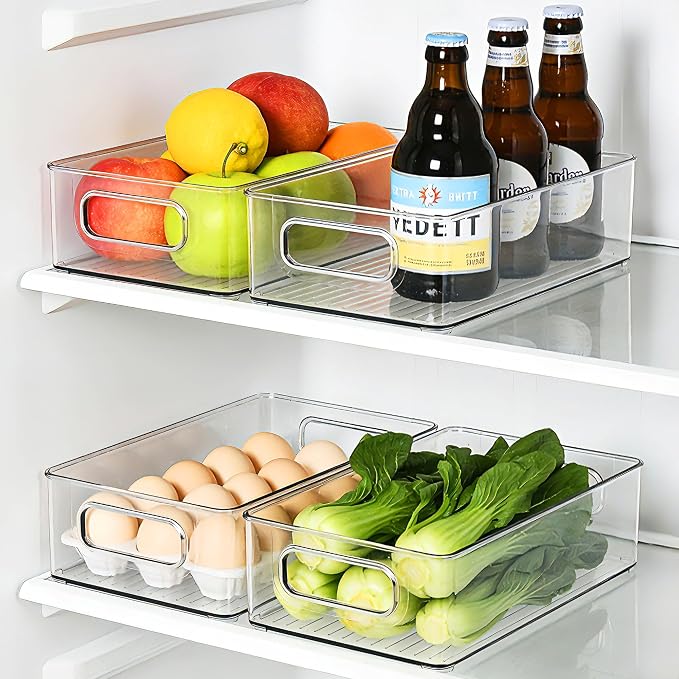LotFancy 4 Pack Fridge Organizer Bins, Clear Plastic, Stackable, Can Soda | 10x6x3 In Drink Food Fruit Storage for Refrigerator, Pantry, Kitchen Cabinet Shelves; Non-Slip, Easy-Clean, BPA Free - Image 7