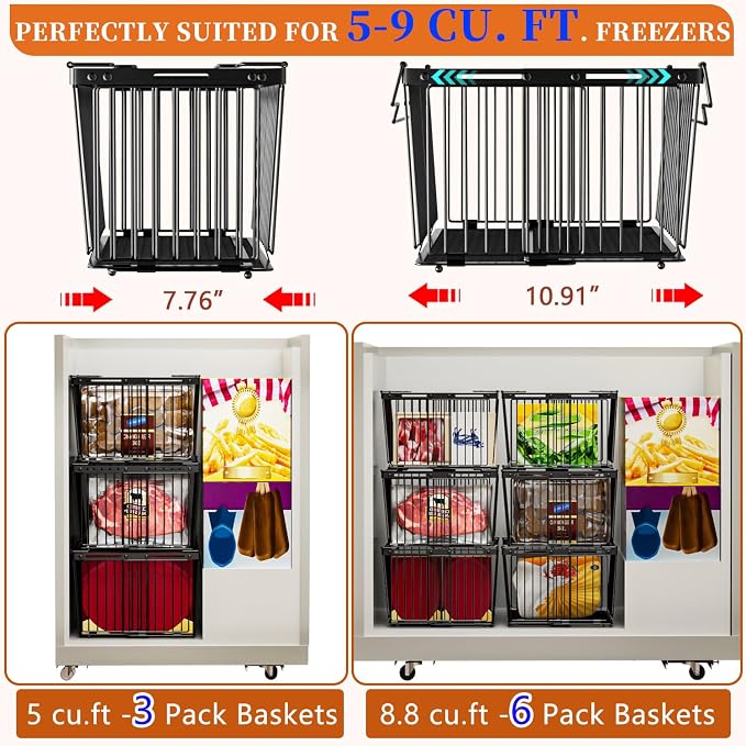 Large Freezer Organizer Bins for 5 to 9 Cu.Ft,Leak-Proof Bottom，4Pack | ANJUBANFreezer Organizer Bins, Stackable,expandable,foldable,With handle Wire Storage Container Baskets for Sort Frozen Meats - Image 6