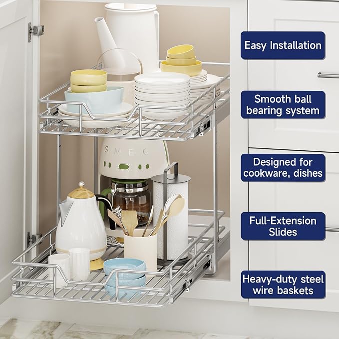 2-Tier Pull Out Cabinet Organizer, 14.5" W x 21.5" D, Heavy Duty Dual Slide Out Shelves for Base Cabinets, Chrome Wire Basket Drawer for Pantry, Kitchen & Bathroom Storage - Image 4