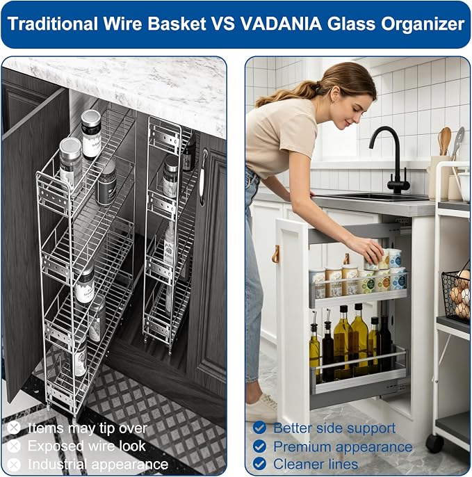 VADANIA Narrow Pull Out Cabinet Organizer, For 10" Base Cabinets | 2-Tier Slim Cabinet Storage with Glass Side Panels, Soft Close Full-Extension Slides, Reversible Left or Right Side Mount - Image 7