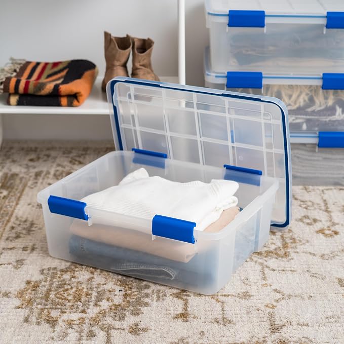 IRIS USA 3-Pack 26.5 Qt Storage Bins with Gasket Lids, Clear/Blue | WeatherPro seal protects everyday essentials in closets, offices and laundry rooms - Image 4