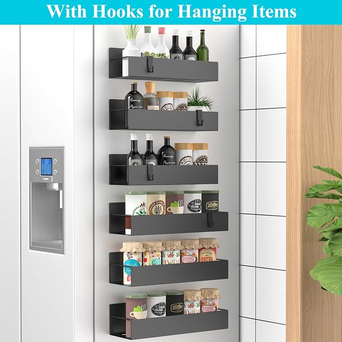 Metal Magnetic Spice Rack for Refrigerator Matt Black, 6 Pack | Magnetic Shelves Heavy Duty for Fridge in Kitchen, Seasoning Storage Organizer, For Oven Washer and Dryer, For Heavier Items - Image 2
