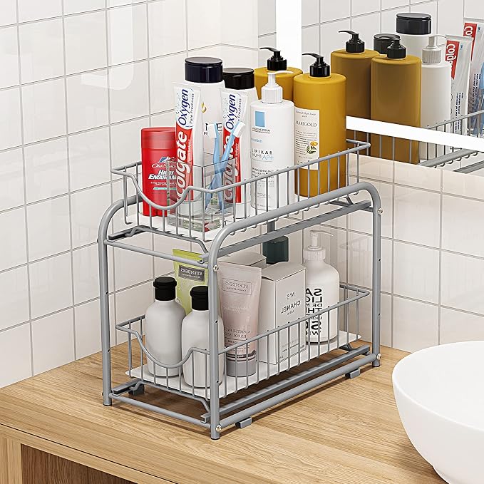 2-Tier Pull Out Organizer Under Sink Sliding Cabinet Rack,Sliver | Stackable sliding basket metal organizer with adjustable height and anti slip pad. Ideal for under sink or cabinet storage. - Image 4