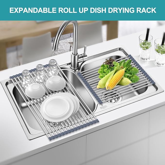 BBXTYLY Extra Large Expandable Roll Up Dish Drying Rack,Over The Sink Drying Rack Sink Cover Kitchen Sink Accessories Kitchen Rolling up Stainless Steel Drainer, Foldable,Rollable（Gray，22.8''-12.4''） - Image 3