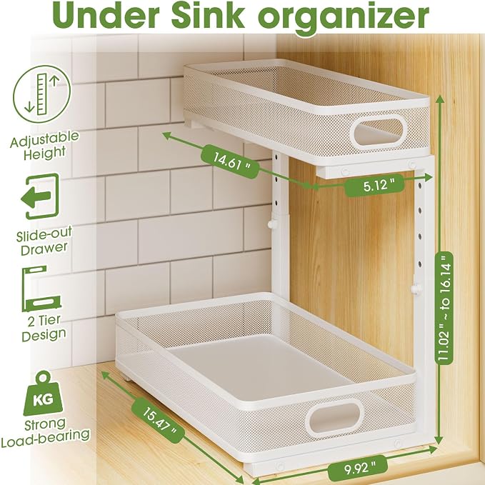 Under Sink Organizer 4-Pack, Metal 2-Tier Pull-Out Cabinet Shelf with Slide-Out Mesh Drawers, Height Adjustable, Space-Saving Storage Racks for Kitchen, Bathroom, Laundry Room, White - Image 2