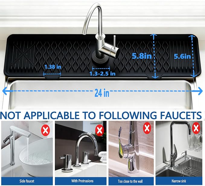 24 Inch Silicone Faucet Mat for Kitchen Sink, 7° Slope Fast Self-Draining Sink Splash Guard, Kitchen Sink Water Catcher Organizer, Kitchen Sink Accessories (Black, 24''x5.6'') - Image 5