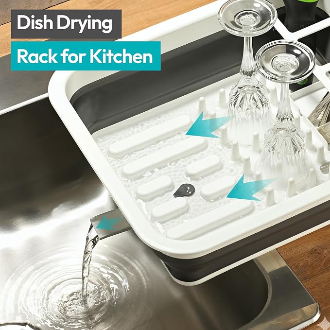 Collapsible Dish Drying Rack, Pop-Up with Drainboard, 8 Plate Capacity | Dish Strainer and Drainer, Over Sink Plate Rack, Utensil Holder, Plastic Rust-Free, Portable for RV Camping Kitchen Counter - Image 2