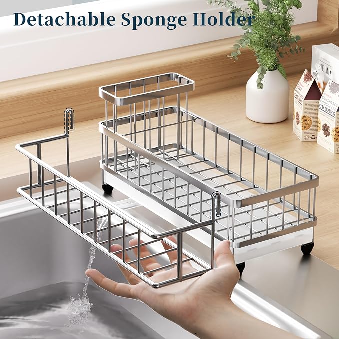 Consumest Sponge Holder for Kitchen Sink - Auto Draining Sink Caddy Organizer with Detachable Rack, High Brush Holder, Kitchen Countertop Storage Accessories, Silver-Extra Large - Image 4