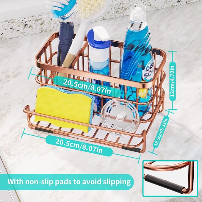 HapiRm Multifunctional Kitchen Sink Organizer, Large Sink Caddy with Drain Tray, SUS304 Stainless Steel Rustproof Sponge Holder for Kitchen Countertop - Rose Gold - Image 6