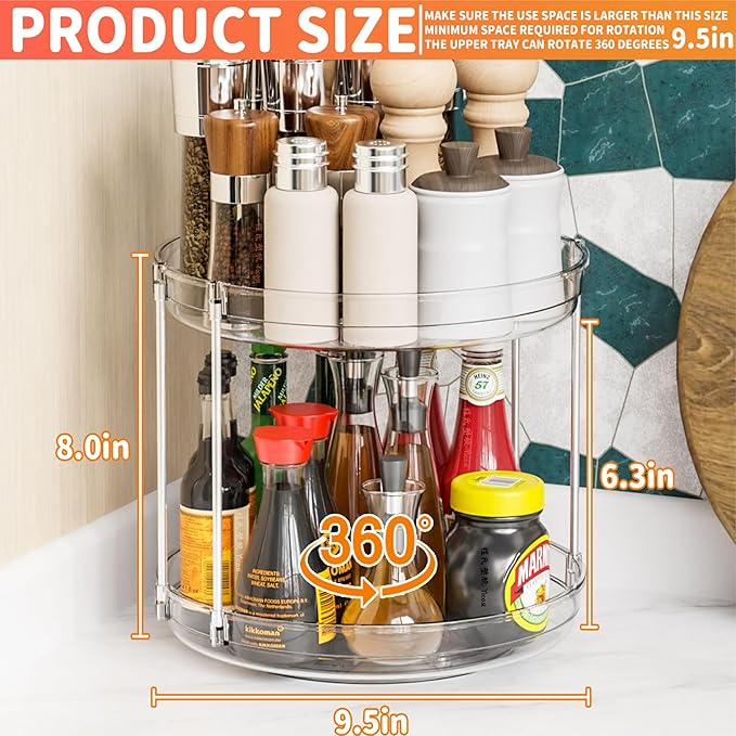 2 Tier Lazy Susan Turntable for Cabinet,Countertop,Pantry,9.5"W Spinning Seasoning Organizer,Double Rotating Kitchen Spice Rack Organizer and Condiments,Medicine,Vitamin Bottle Organizer Carousels,1Pc - Image 3