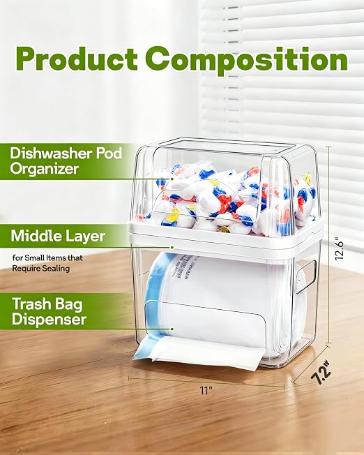 Kaen 3 in 1 Trash Bag Dispenser Under Sink Dishwasher Pod Organizer | Large Stackable Trash Bag Holder Garbage Bag Dispenser for 13/30/33 Gallon Bags, Clear Storage Bins Laundry Pods Container - Image 2