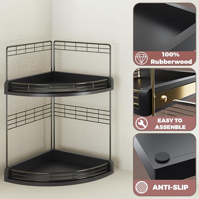 Bathroom Countertop Corner Organizer for Small Spaces, 2-Tier Counter Shelf | Oak Wood & Iron, Fan-Shaped Counter Shelf for Sink & Vanity Corners, Skincare, Toiletries, Compact Vertical Storage, Black - Image 4