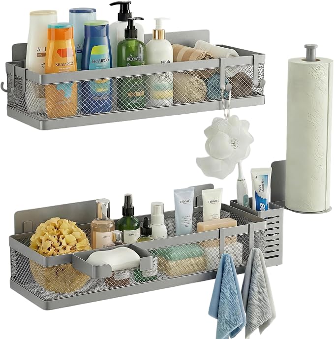 PUSDON 5-in-1 16.5" Extra Long Slim Wall Mount Wrapped Mesh Kitchen Organizer & Shower Caddy Kit, with Paper Towel Holder, Utensil Holder, Soap Dish, Holds 50LBS - Silver Gray, Netting - Image 5