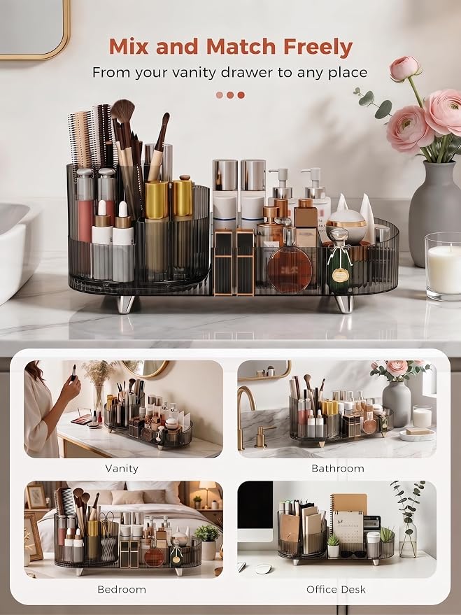 Booklov Rotating Makeup Organizer for Vanity Countertop, Smoke | Clear Acrylic Cosmetic Display Case, Large Beauty Brush Holder for Bathroom Counter, Skincare Lipsticks Storage - Image 7