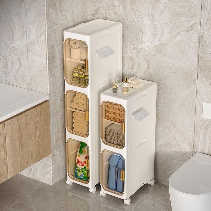 Slim Bathroom Storage Cabinet, Foldable & Movable Narrow Storage Organizer for Small Spaces, Bathroom, Kitchen, Laundry Room, Living Room (3-Tier) - Image 2