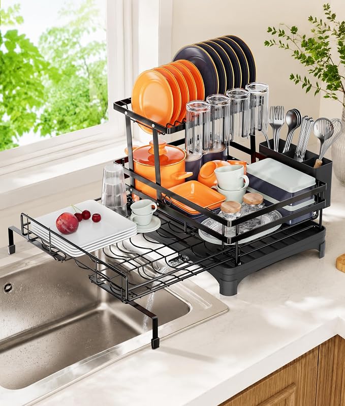 Hanyi 2-Tier Expandable Dish Drying Rack for Counter and Over Sink | Large-capacity rack with foldable upper tier, 15.7-26.4 in over-sink extension, automatic drainage and rust-resistant frame by Unknown