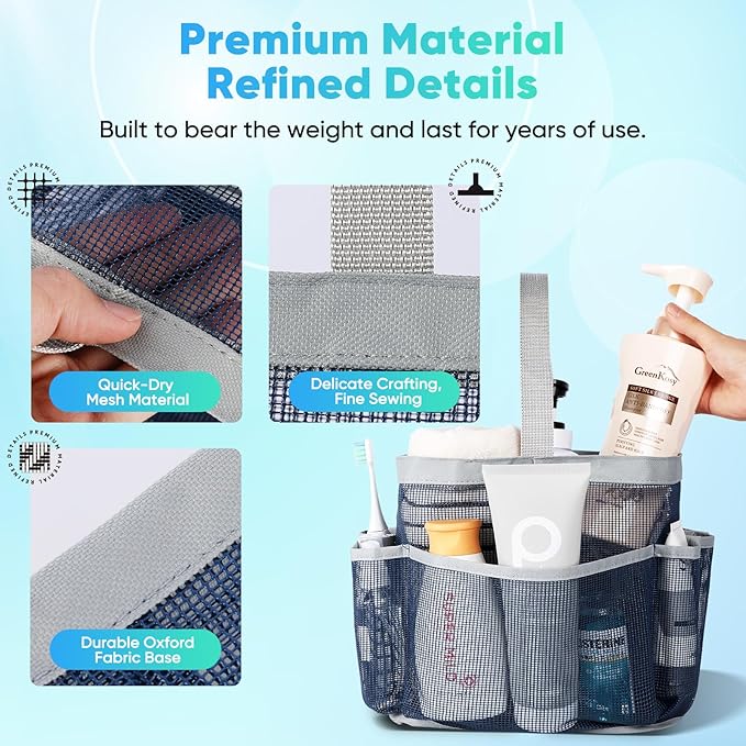 EUDELE Mesh Shower Caddy Portable for College Dorm Room Essentials,Portable Shower Caddy Dorm with 9-Pocket Large Capacity, Shower Bag for Beach, Swimming, Gym, Travel essentials, Navy Blue-Grey - Image 5
