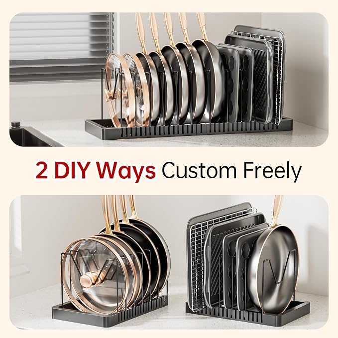 Expandable Pot and Pan Organizer with 10 Adjustable Dividers | Solid Metal Under‑Cabinet Pot Lid Organizer 14.1''‑24.8'', Lid Organizers Inside Cabinet, Fits Bakeware & Cookie Sheets - Image 6