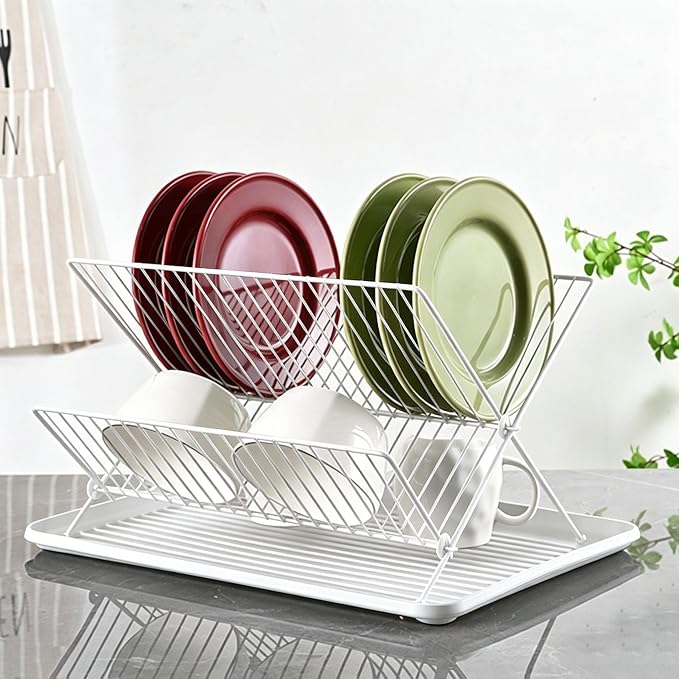 White Foldable 2-Tier Dish Rack - Heavy-Duty Metal Drying Rack with Removable Drip Tray, Collapsible Kitchen Sink Organizer for Plates, Bowls, Cups & Utensils - Image 5