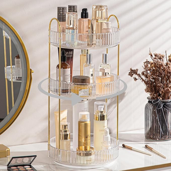 Rotating Makeup Organizer for Vanity, Large Capacity Skincare Perfume Storage, Bathroom Counter Organizer, 360 Spinning Cosmetic Dresser Countertop Organizers (Clear, 3 Tier) by SHUANGQING