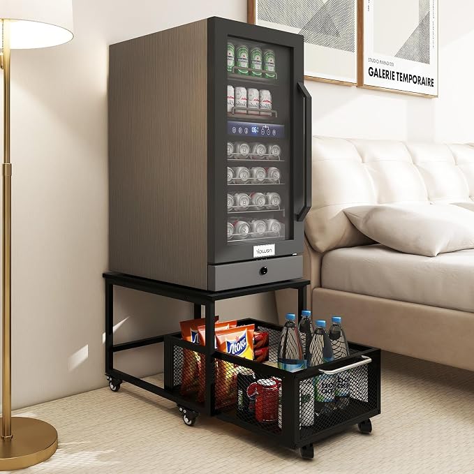 PUNCIA 19.7" x 23.6" Mini Fridge Stand with Large Capicity Storage, Black | Sturdy Refrigerator Table with Lockable Wheels, Rolling Fridge Cart Heavy Duty Appliance Platform for Dorm, Apartment Bedroom - Image 8