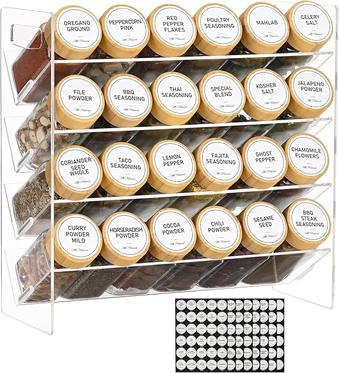 4-Tier Acrylic Spice Rack Organizer with 24 Glass Spice Jars and Wooden Lids, Clear Spice Shelf for Cabinet, Countertop, Pantry, Easy Assembly Seasoning Holder, Compact 11.6" W x 11.4" H by KitHero